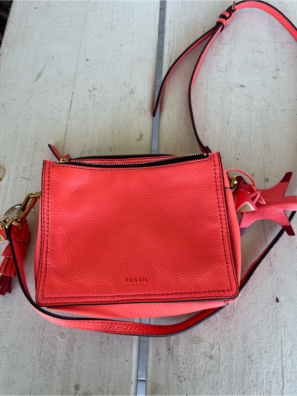 Fossil Coral-Red Leather Crossbody Bag with leather charms , good condition
